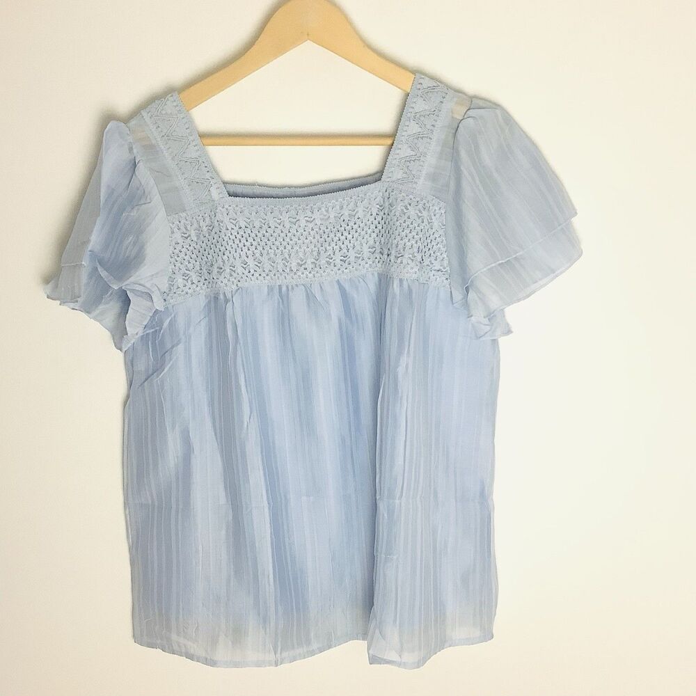 Blue Short Sleeve Square Neck Blouse Top Boho Peasant Flutter Sleeve Women L